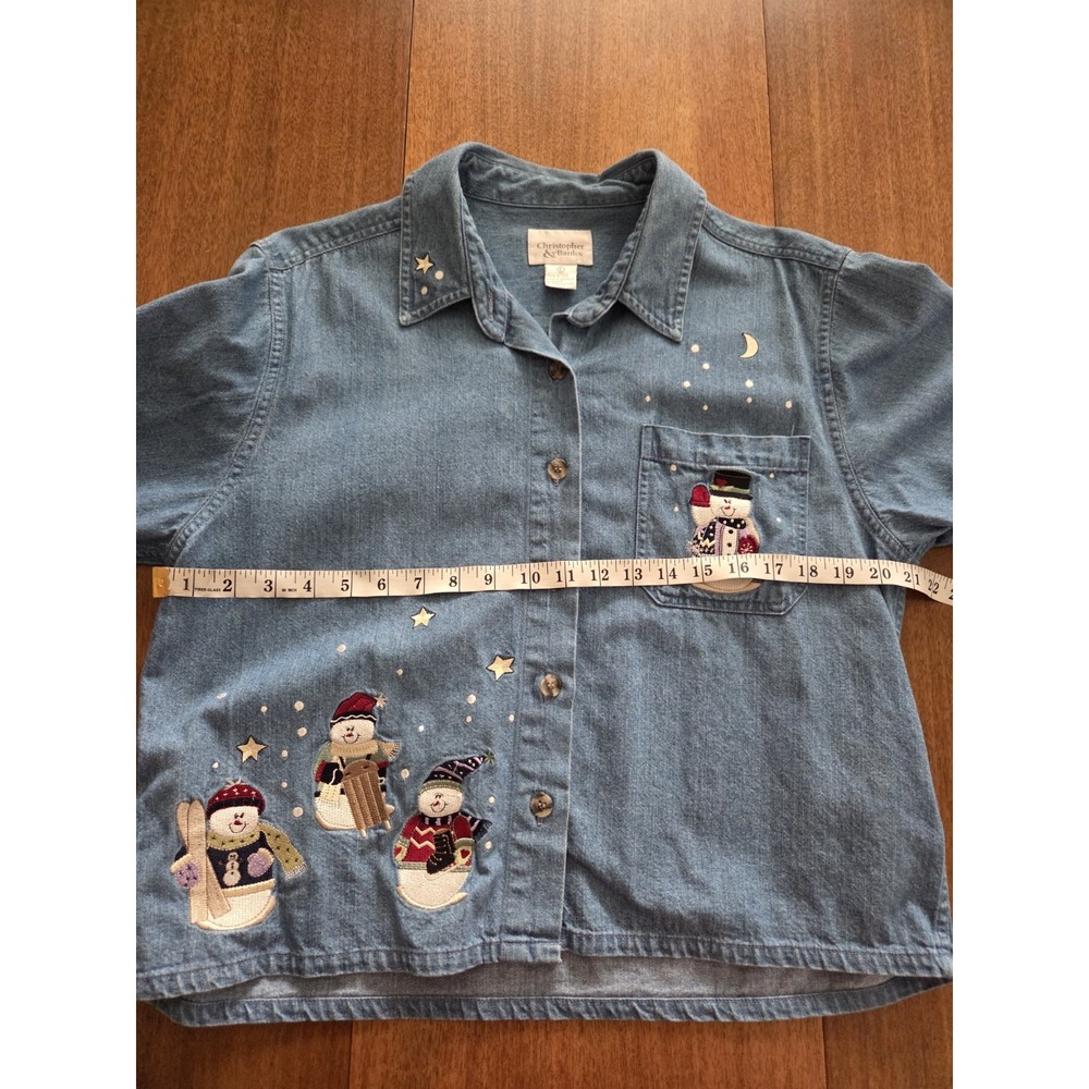 Vtg Christopher & Banks Chambray Snowman Button Up Top Women's Large Frosty Xmas - Picture 8 of 13